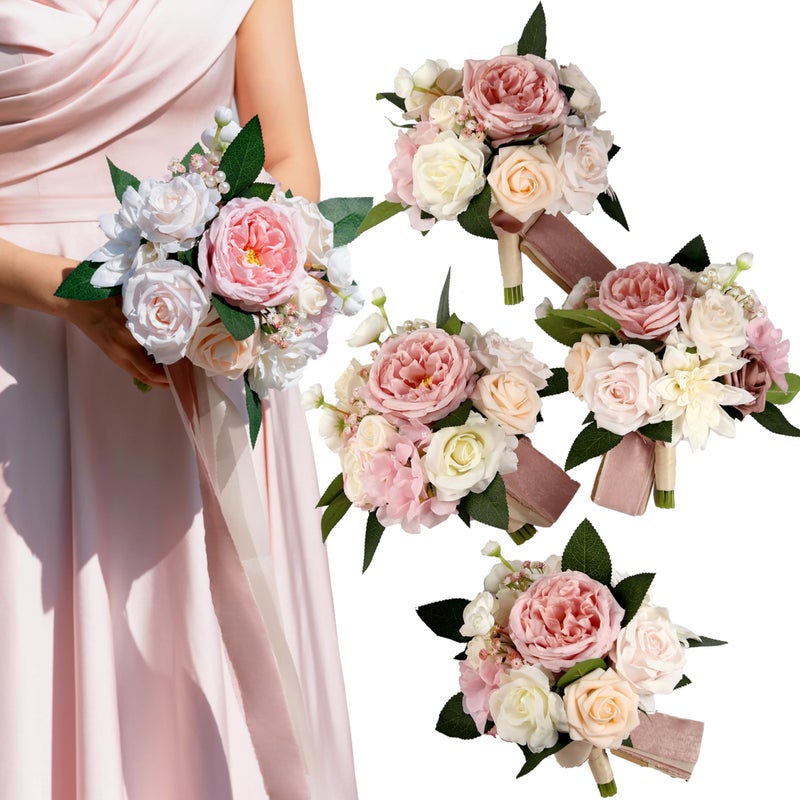 BENCENTRE 7 Inch Blush Bridesmaid Bouquet for Wedding  Set of 4  Small Wedding Bouquet for Marriage Proposal Party and Vintage Wedding Ceremony Anniversary Artificial Flowers - Image 1