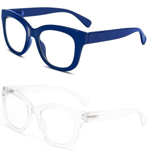 REAVEE 2 Pack Retro Oversized Reading Glasses for Women Men, Blue Light Blocking Computer Readers Stylish Spring hinge (Blue/Clear 1.5x) - Image 2
