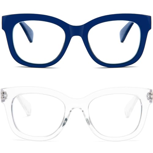 REAVEE 2 Pack Retro Oversized Reading Glasses for Women Men, Blue Light Blocking Computer Readers Stylish Spring hinge (Blue/Clear 1.5x) - Image 1