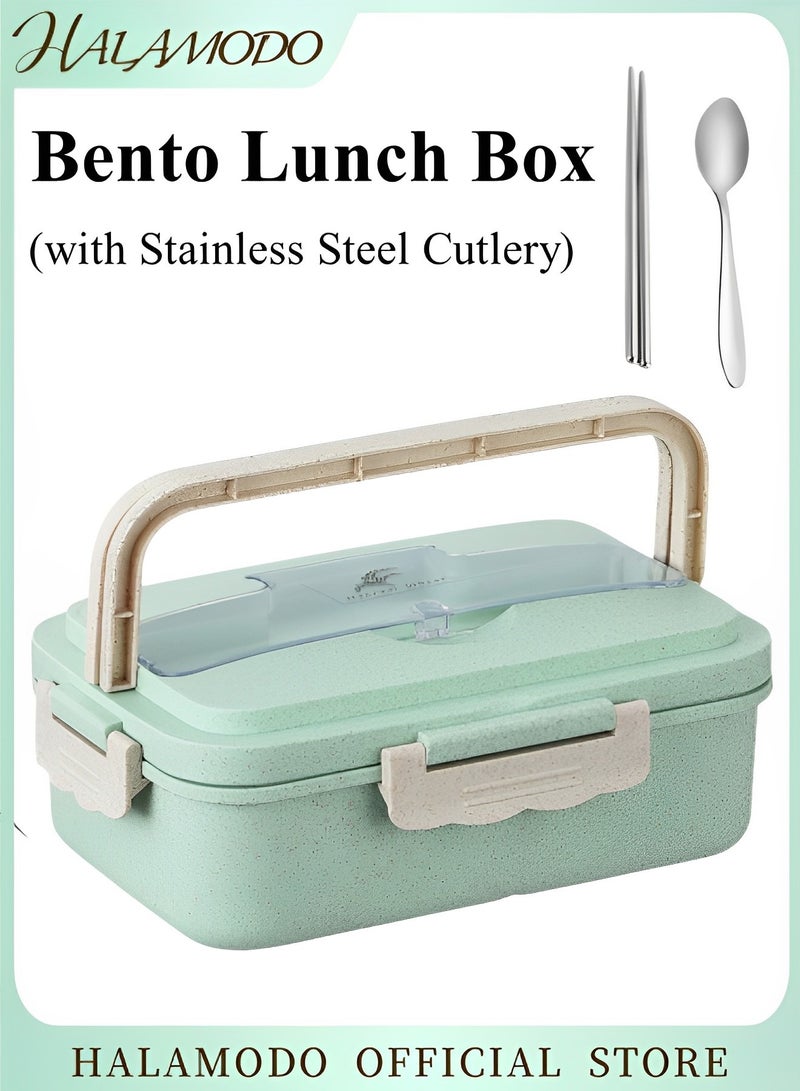 Kids Bento Lunch Box with Stainless Steel Cutlery 3 Compartment Wheat Straw Meal Prep Food Storage Containers Microwave and Dishwasher Safe - Image 1