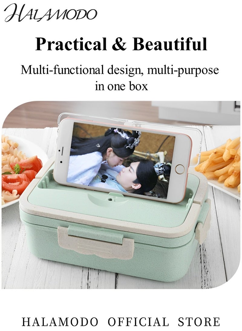 Kids Bento Lunch Box with Stainless Steel Cutlery 3 Compartment Wheat Straw Meal Prep Food Storage Containers Microwave and Dishwasher Safe - Image 3