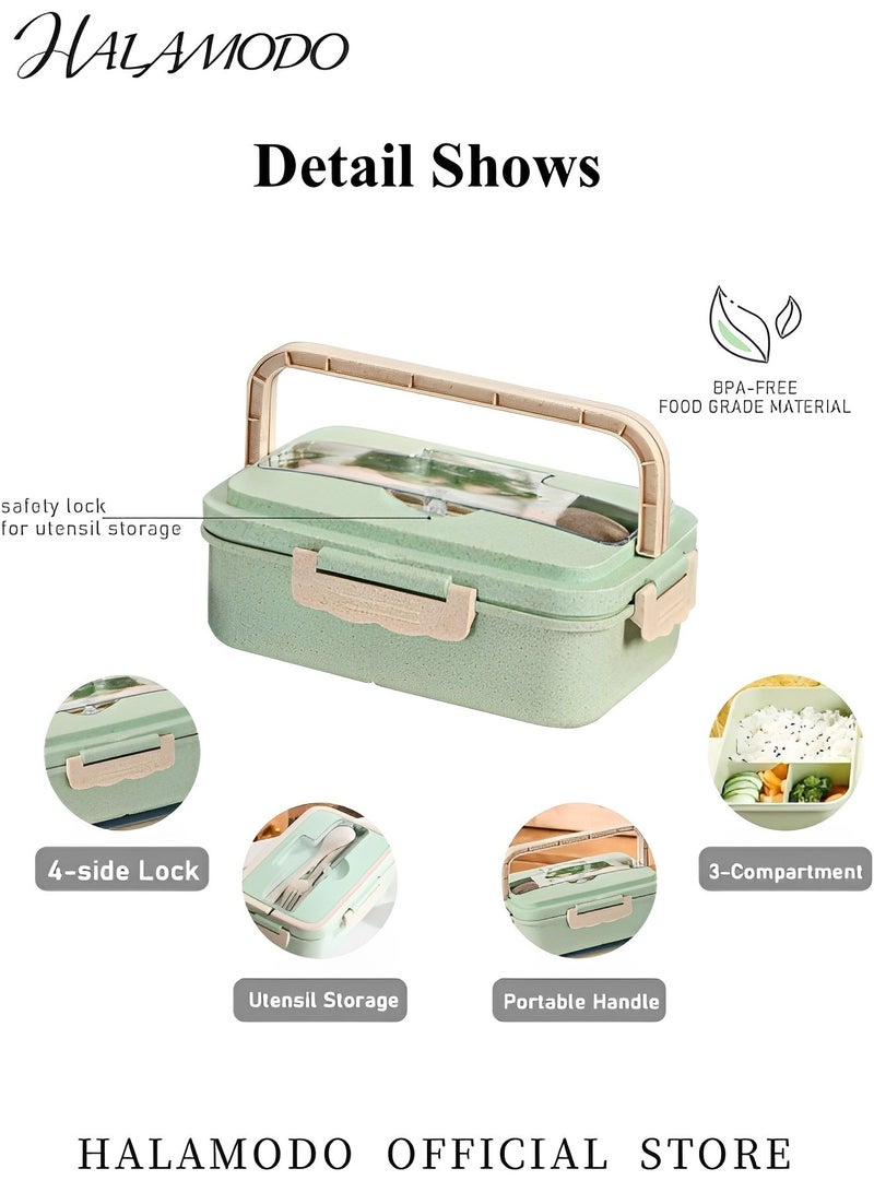 Kids Bento Lunch Box with Stainless Steel Cutlery 3 Compartment Wheat Straw Meal Prep Food Storage Containers Microwave and Dishwasher Safe - Image 2
