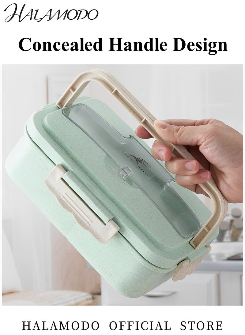 Kids Bento Lunch Box with Stainless Steel Cutlery 3 Compartment Wheat Straw Meal Prep Food Storage Containers Microwave and Dishwasher Safe - Image 4
