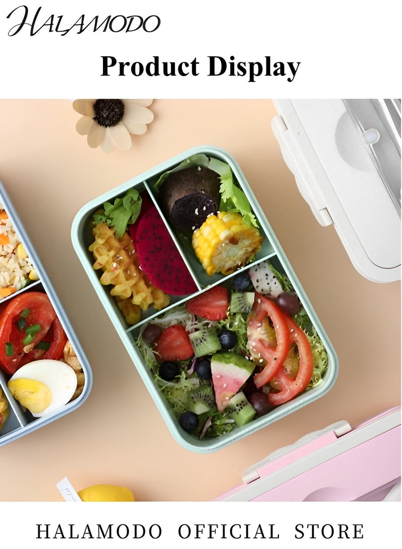 Kids Bento Lunch Box with Stainless Steel Cutlery 3 Compartment Wheat Straw Meal Prep Food Storage Containers Microwave and Dishwasher Safe - Image 5