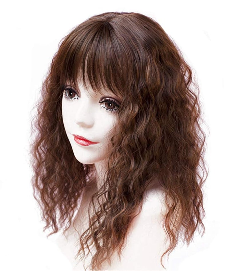 YAIRYANGTZE Hair Topper Hairpieces with Bangs for Women Clip on Curly Wavy Synthetic Top Wiglet Hairpieces for Thinning Hair 17 Thick Light Brown
