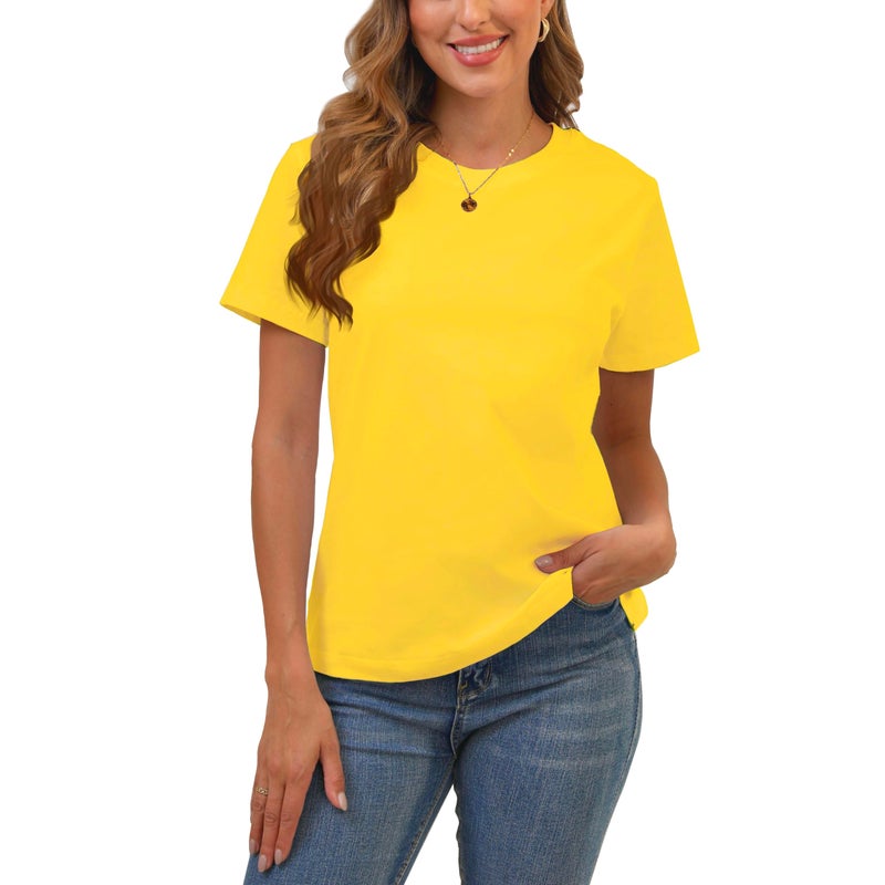 BJY 100% Cotton Women's Yellow Short Sleeve Crew Neck T-Shirt, Regular Fit Casual T Shirt Tops, Basic Tees, Tshirt, Tshirt - Image 1