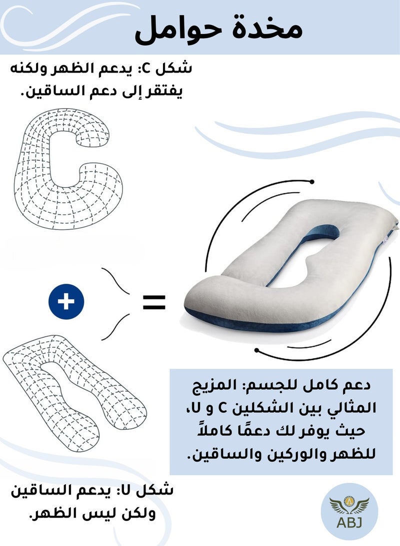 ABJ J Shape Pregnancy Pillows, Full Body Maternity Pillow - Removable Cover, Size 65" x 28" - Blue Grey - Pregnancy Pillows for Sleeping - Body Pillows for Adults, Maternity Support Pillow - Support for Back, Legs, Belly, Hips, 2025 design - Image 3