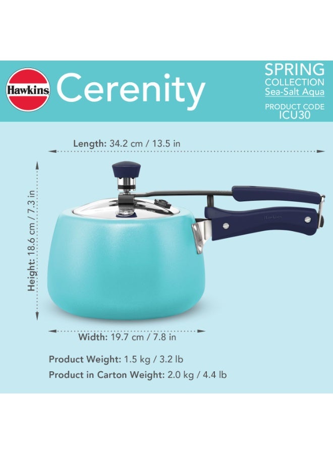 هوكينز Hawkins Cerenity 3L Pressure Cooker | Ceramic Coated Body | Contura Shaped | Induction & Gas Compatible | Cook Rice, Dal & Curries | ISI Certified | 5 Year Guarantee | Sea-Salt Aqua (ICU30) - Image 2
