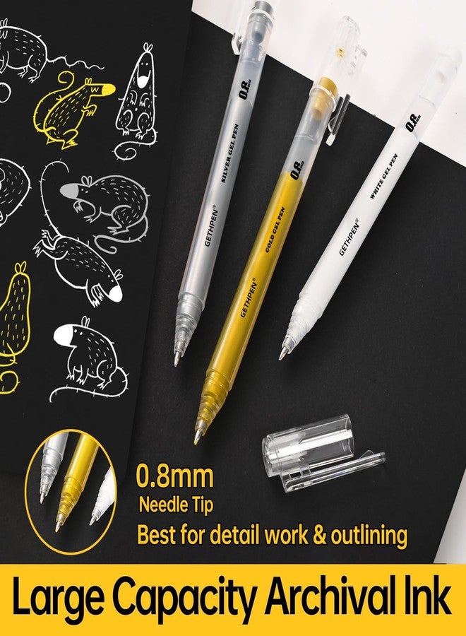 GETHPEN White Gel Pens, 3Pack, 0.8mm Extra Fine Point, White Ink, White Pens for Black Paper, Drawing Pens - Image 3