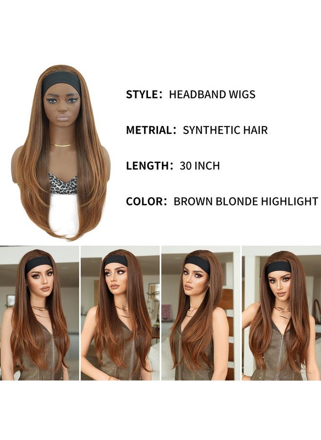7JHH WIGS - 30Inch Long Straight Layered Headband Brown Ombre Wigs Glueless Headband Wigs For Black Women Daily Used - Image 1