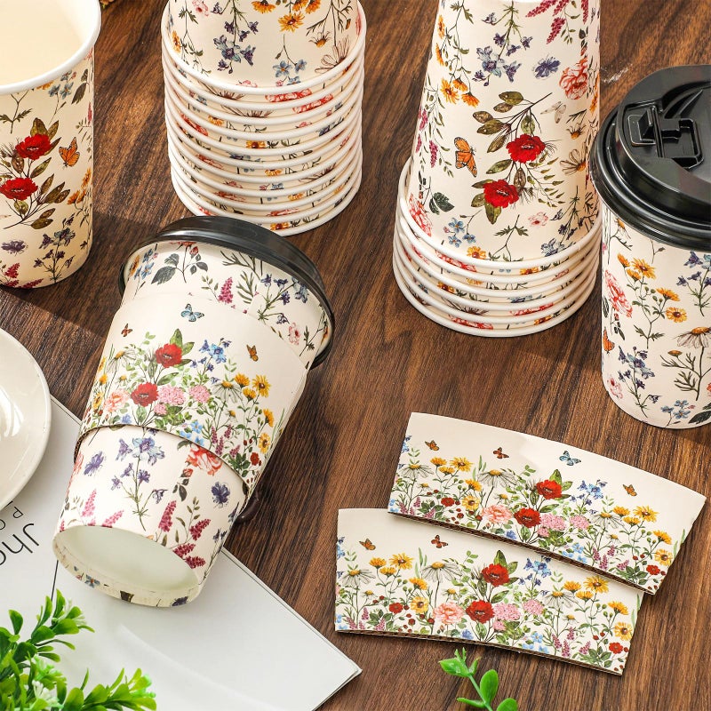 JarThenaAMCS 50 مجموعة أكواب قهوة زهرية عتيقة مع أغطية وأكمام 16 أونصة أكواب قهوة برية ورقية قابلة للتصرف لأكواب القهوة في المقاهي والمتاجر كابتشينو مشروب الشوكولاتة كاكاو - Image 4