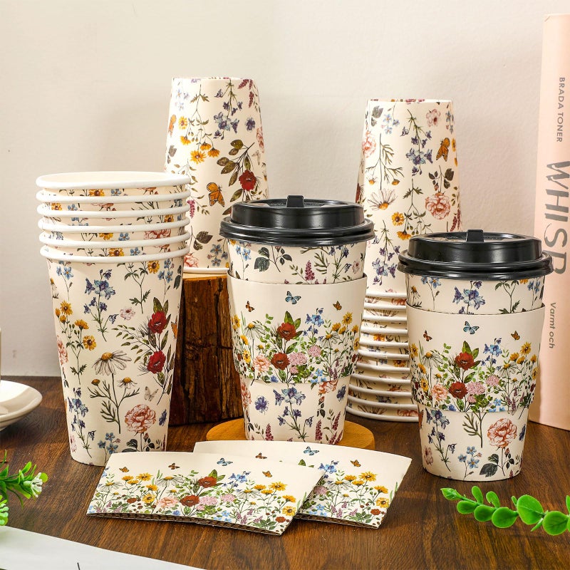 JarThenaAMCS 50 مجموعة أكواب قهوة زهرية عتيقة مع أغطية وأكمام 16 أونصة أكواب قهوة برية ورقية قابلة للتصرف لأكواب القهوة في المقاهي والمتاجر كابتشينو مشروب الشوكولاتة كاكاو - Image 5
