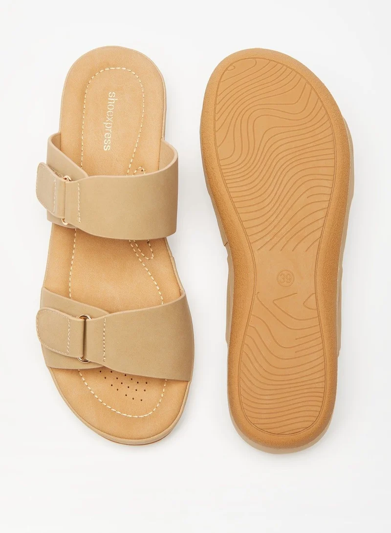 shoexpress Solid Slide Sandals with Hook and Loop Accent