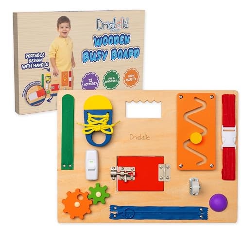 Driddle Busy Board Wooden Montessori Activity Board for Toddlers Kids 12 Educational Sensory Toys to Learn Basic Life Skills Develop Fine Motor Skills Baby Mirror - Image 1