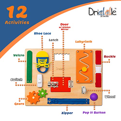 Driddle Busy Board Wooden Montessori Activity Board for Toddlers Kids 12 Educational Sensory Toys to Learn Basic Life Skills Develop Fine Motor Skills Baby Mirror - Image 5