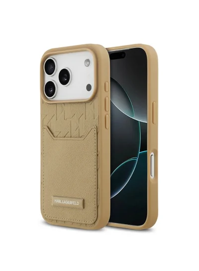 Karl Lagerfeld iPhone 17 Pro Case / PU Grained Back Cover With Card Holder & Monogram Hot Stamped Pattern - Brown