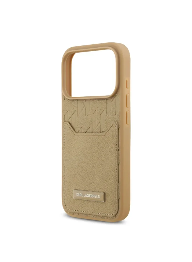 Karl Lagerfeld iPhone 17 Pro Case / PU Grained Back Cover With Card Holder & Monogram Hot Stamped Pattern - Brown