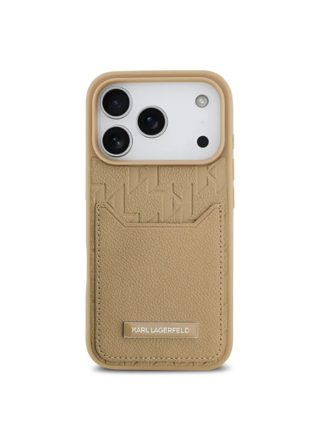 Karl Lagerfeld iPhone 17 Pro Case / PU Grained Back Cover With Card Holder & Monogram Hot Stamped Pattern - Brown
