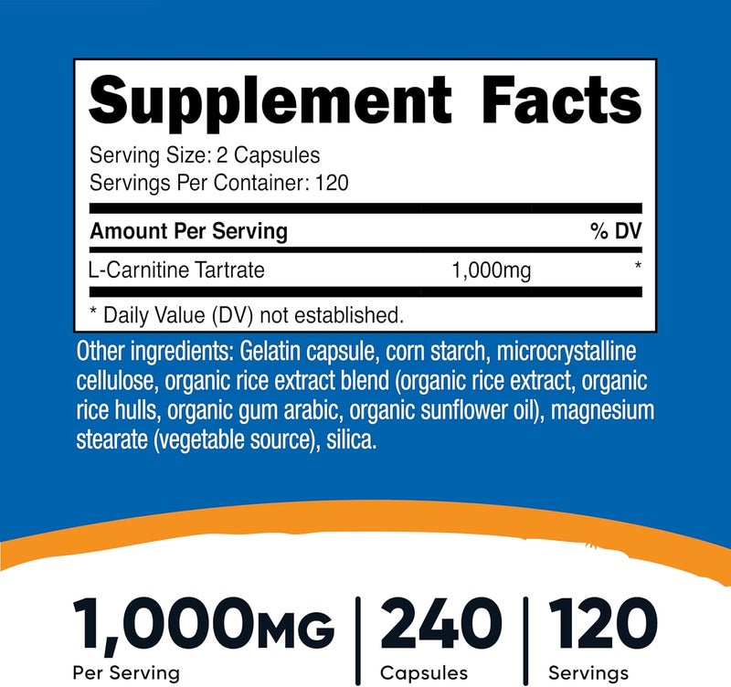 Nutricost LCarnitine Tartrate 1000mg 240 Capsules  500mg Per Capsule 120 Servings - Image 2