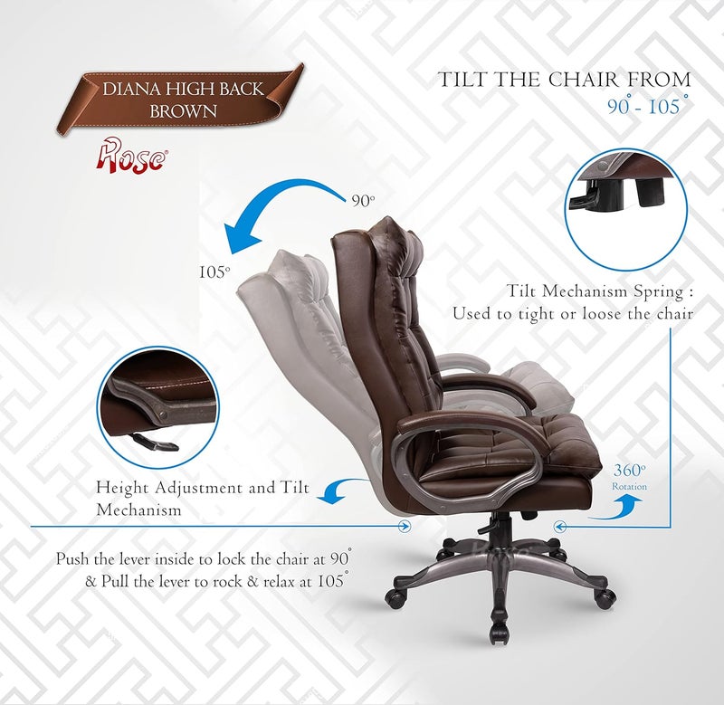 Rose ROSE Diana Leatherette Executive High Back Revolving Office Chair with Color Options Integrated Lumbar Support with Comfortable Seating 3 Years Warranty Brown  - Image 4