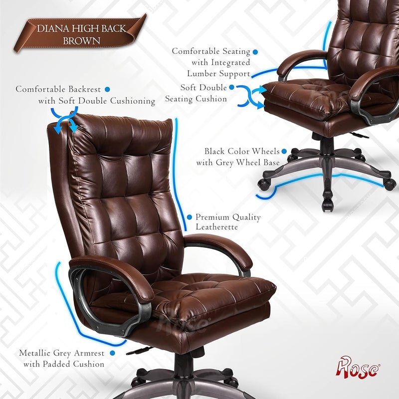Rose ROSE Diana Leatherette Executive High Back Revolving Office Chair with Color Options Integrated Lumbar Support with Comfortable Seating 3 Years Warranty Brown  - Image 3