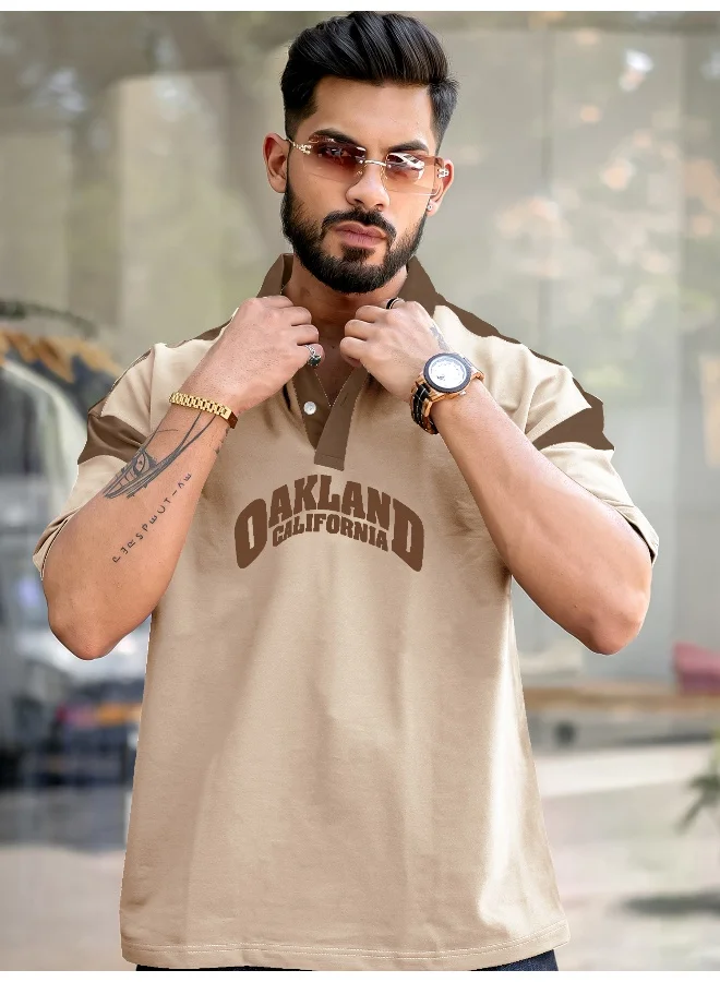 مانياك تيشيرت بولو رجالي مانياك بطباعة قطن بيج بأكمام 3/4
