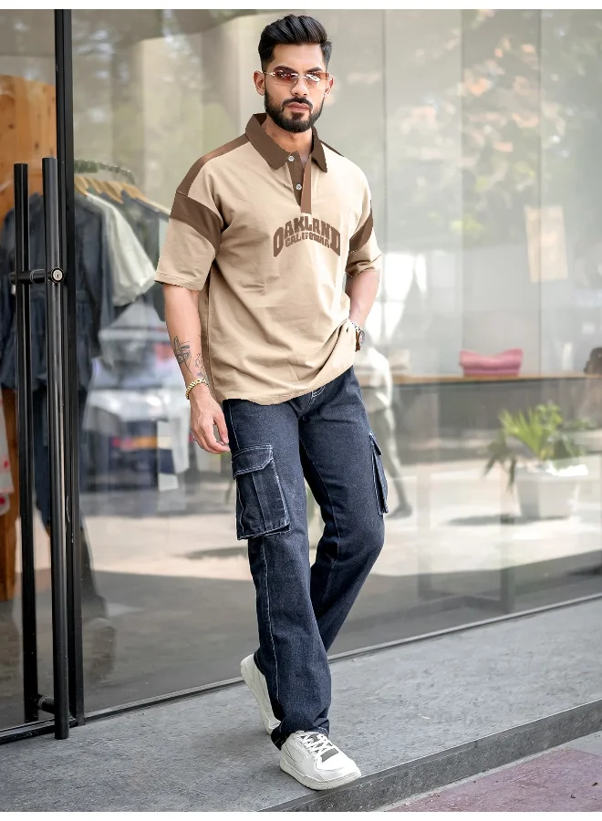 Maniac  Maniac Mens printed polo neck 3/4th sleeve beige cotton t-shirt for Men | Best Price UAE