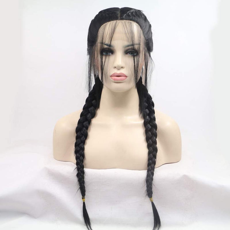 1B Black Double Braid Middle Part Synthetic Lace Front Wigs For Women Heat Resistant Fiber Hair 24