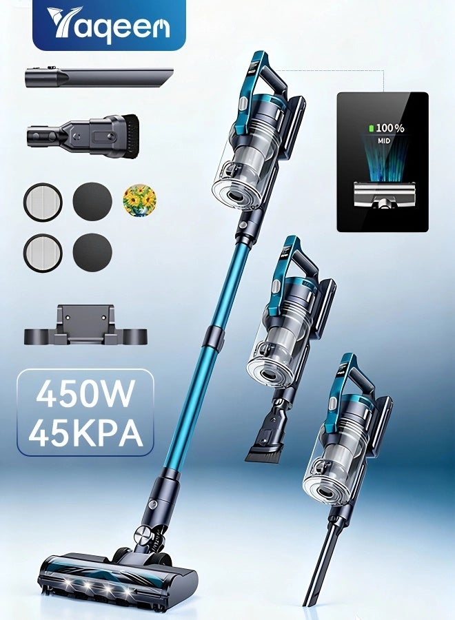 Yaqeen VC60 Cordless Vacuum Cleaner, 450W Brushless Motor 45kpa Powerful Stick Vacuum With OLED Screen, Aromatherapy Tablets Up To 45 Mins Runtime, 3 Power Modes 3 In 1 Lightweight Vacuum For Hardwood Floor Car Carpet Pet Hair - Blue - Image 1