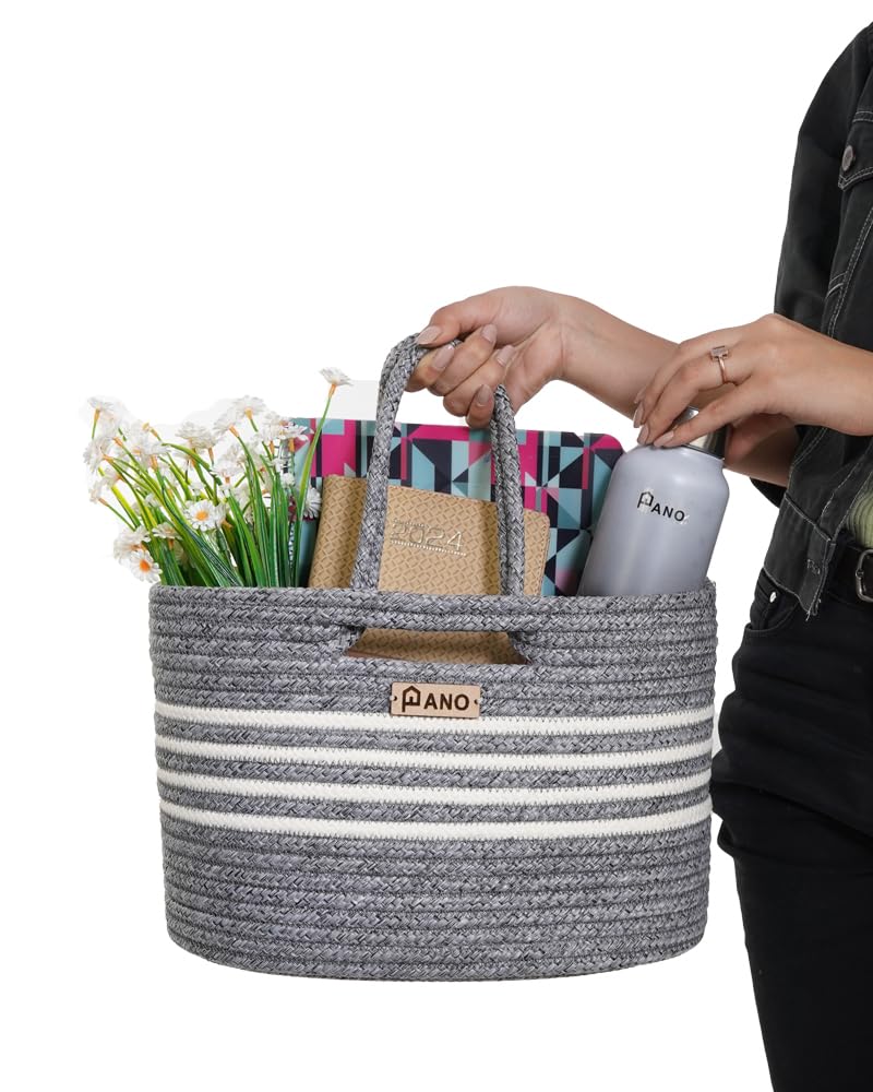 Panço Pano Polypropylene Multipurpose Storage Tote Bag, Hand Basket, Beach Bags for Women, Organizer, Shopping Bag, Tote Hand Basket for Lunchbox, Water Bottle, Grey, ELORA  - Image 3
