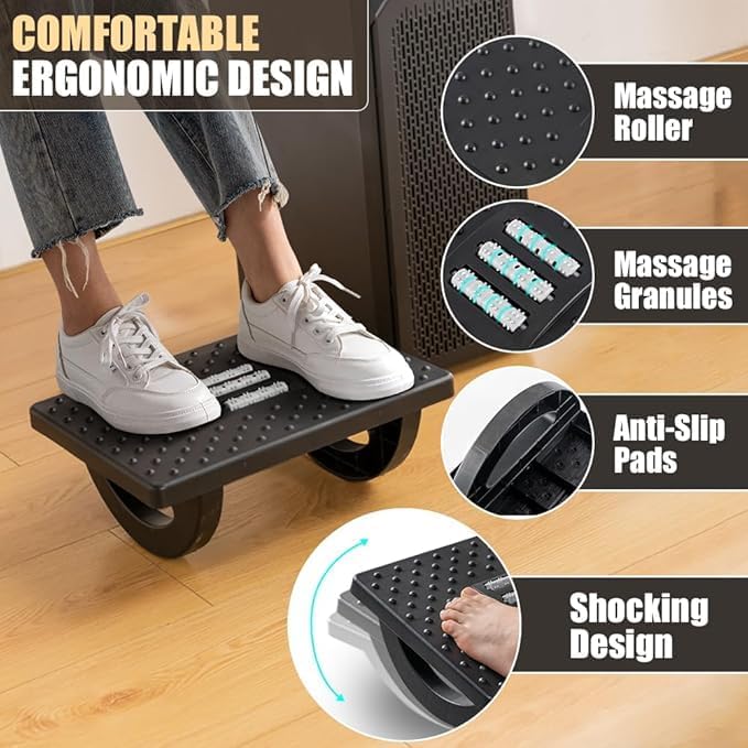 Lifekrafts Lifekrafts Ergonomic Rocking Footrest with Builtin Roller Massager Under Desk Foot Stool for Enhanced Circulation in Office Work and Gaming Black L 34cm x W 25cm x H 13cm  - Image 3
