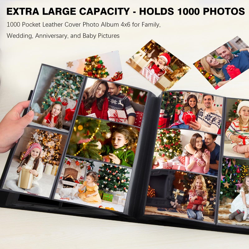Aevdor 1000 Pockets Photo Album 4x6, Extra Large Capacity Leather Cover Wedding Family Photo Albums Holds 1000 Horizontal and Vertical Photos, Acid-free Pages 4x6 Photo Album with Front Window (Black) - Image 2
