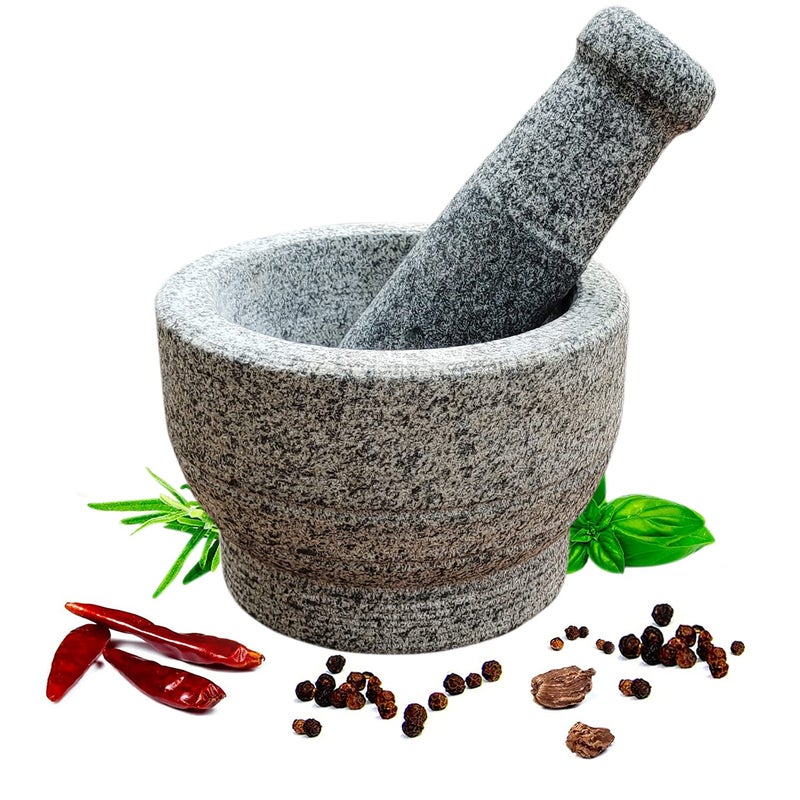 EZAHK EZAHK Stone Mortar and Pestle Set for Spices Okhli Masher Khalbatta Kharal Mixer Natural Traditional Grinder 8 inch Big size heavy duty pack of 1  - Image 1
