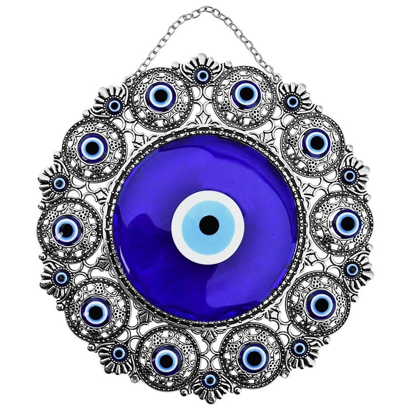 Erbulus Blue Turkish Glass Evil Eye Wall Hanging Ornament  Large Metal Home Decor  Nazar Bead Amulet  Housewarming Gift