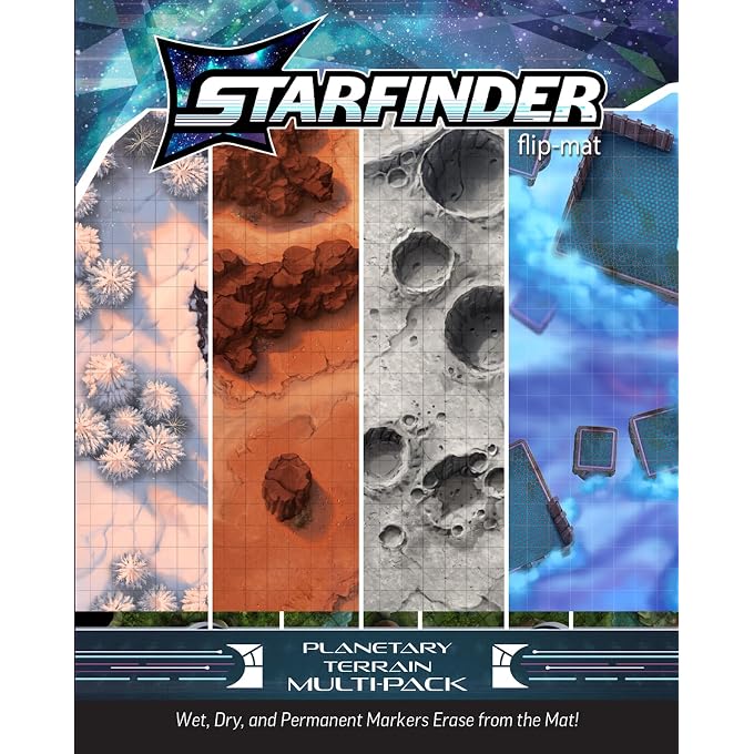 Starfinder Flip-Mat: Planetary Terrain, 4-Map Multi-Pack Double-Sided | Sci-Fi Planet Maps Winter Forest Desert Gas Giant