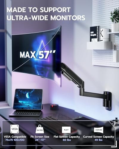 ARES WING Monitor Wall Mount for 24-57 Inch Ultrawide Gaming Screens, Premium Heavy Duty Monitor Arm Holds 60 lbs, Full Motion Gas Spring, Bearing Head for Easy Adjustment, 75/100 VESA Mount, Black - Image 2