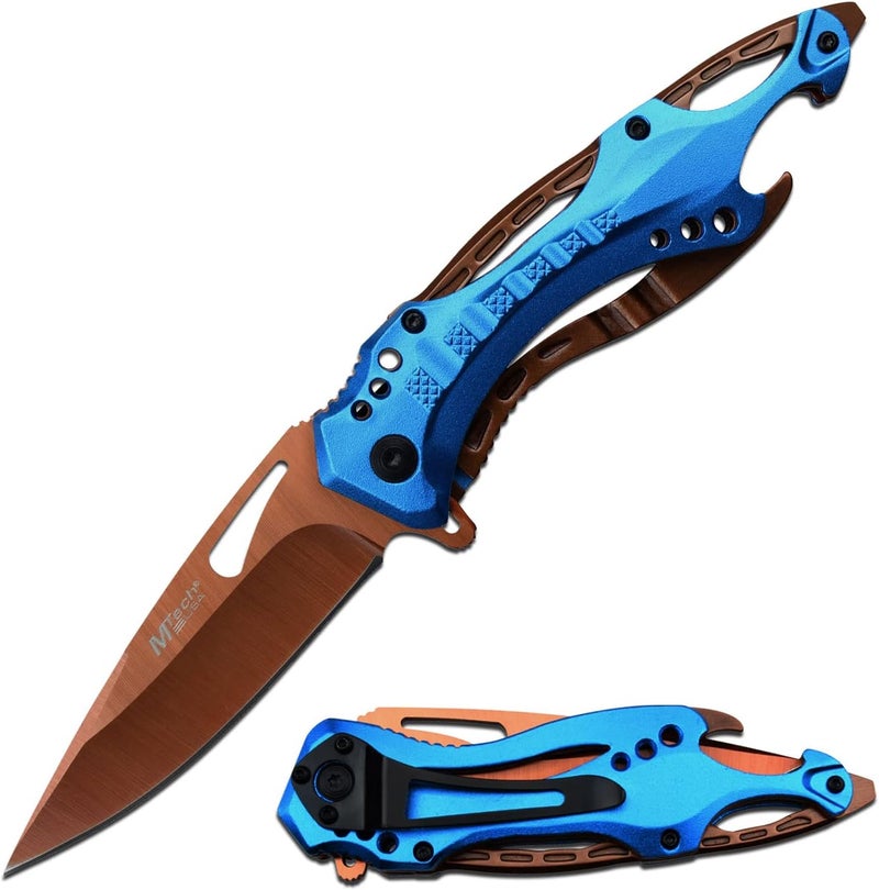 MTECH USA Folding Knife, 3.75-Inch Half-Serrated Blade, Titanium Coating, Glass Breaker, Pocket Clip - Image 1