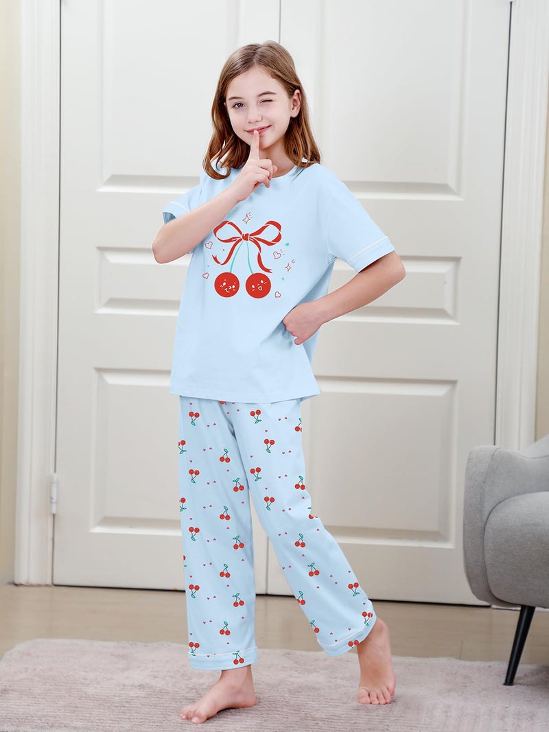 Umeyda 3 Piece Pajama Set for Girls, Short Sleeve Top with Shorts and Pants Sleepwear Cotton Cute Patterns Loungewear Nightwear, Blue Cherry, 9-10 Years = Tag 150 - Image 5