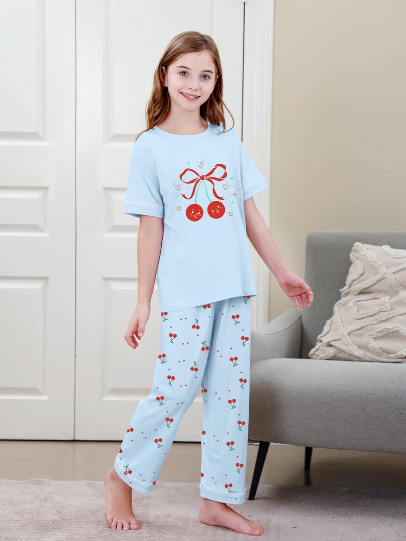 Umeyda 3 Piece Pajama Set for Girls, Short Sleeve Top with Shorts and Pants Sleepwear Cotton Cute Patterns Loungewear Nightwear, Blue Cherry, 9-10 Years = Tag 150 - Image 4