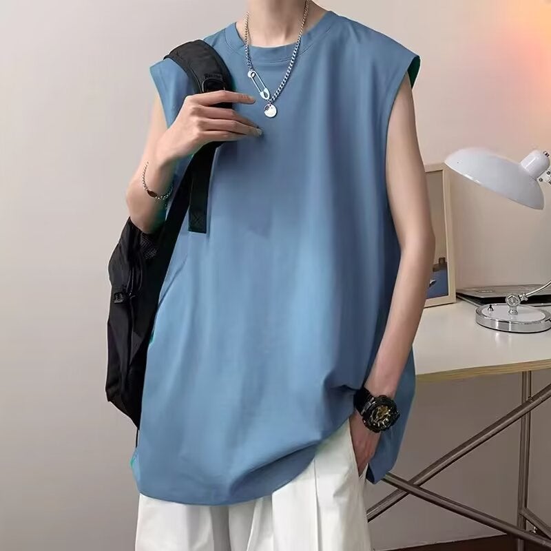 Summer Solid Color Sports Vest Men'S Large Size Loose Fitness Vest Top Popular Casual Trendyy Sleeveless T-Shirt - Image 1