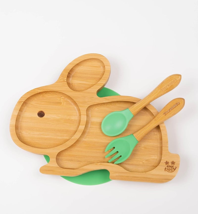 StarKiddo ® ‘Cute Bamboo Rabbie Suction Plate’ Baby-Led Weaning | 3 Sections | Non-Toxic |Eco-Friendly | Super Strong Suction Cup - Natural Bamboo BPA Free Baby Plate (Green) - Image 1