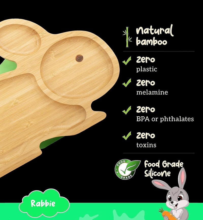 StarKiddo ® ‘Cute Bamboo Rabbie Suction Plate’ Baby-Led Weaning | 3 Sections | Non-Toxic |Eco-Friendly | Super Strong Suction Cup - Natural Bamboo BPA Free Baby Plate (Green) - Image 3