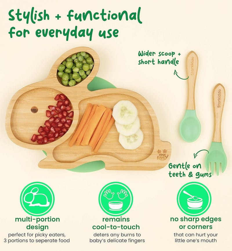 StarKiddo ® ‘Cute Bamboo Rabbie Suction Plate’ Baby-Led Weaning | 3 Sections | Non-Toxic |Eco-Friendly | Super Strong Suction Cup - Natural Bamboo BPA Free Baby Plate (Green) - Image 4
