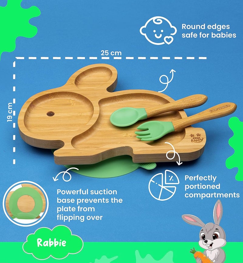 StarKiddo ® ‘Cute Bamboo Rabbie Suction Plate’ Baby-Led Weaning | 3 Sections | Non-Toxic |Eco-Friendly | Super Strong Suction Cup - Natural Bamboo BPA Free Baby Plate (Green) - Image 2