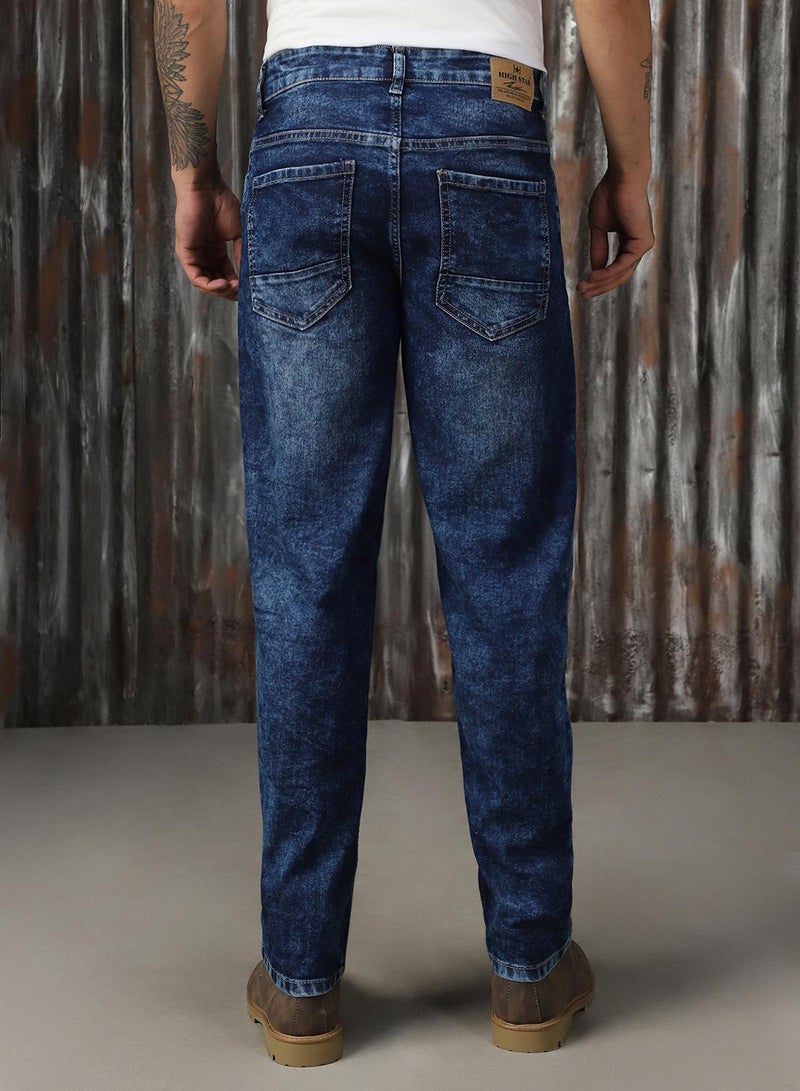 HIGH STAR Men's Indigo 100% Cotton Distressed Full Length Tapered Fit Jeans - Image 3