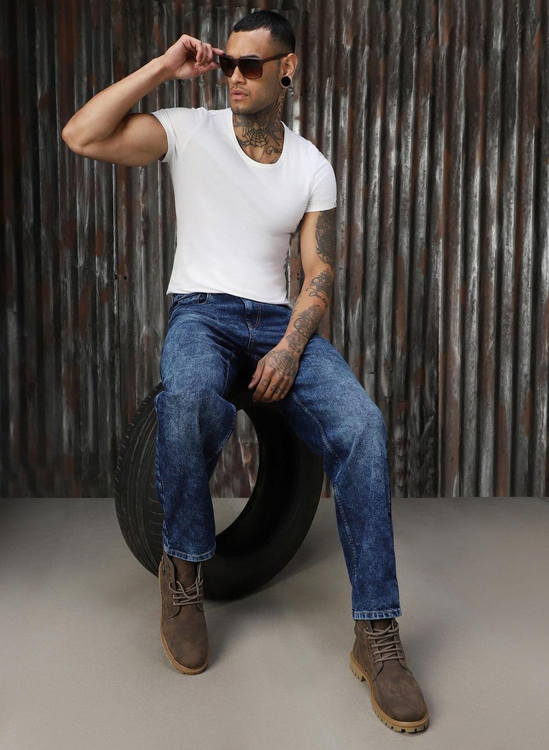 HIGH STAR Men's Indigo 100% Cotton Distressed Full Length Tapered Fit Jeans - Image 1