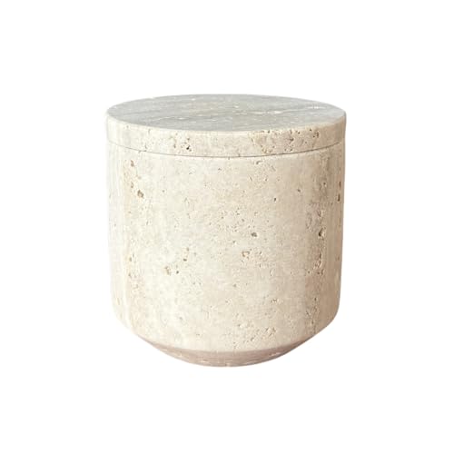 StonePlus Natural Marble Hole Stone Cosmetic Cotton Swab Sundry Small Tank Storage Box Jar with Lid (Yellow Travertine) - Image 1