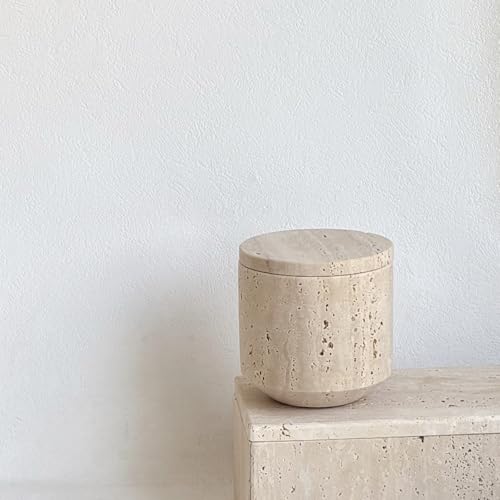 StonePlus Natural Marble Hole Stone Cosmetic Cotton Swab Sundry Small Tank Storage Box Jar with Lid (Yellow Travertine) - Image 5