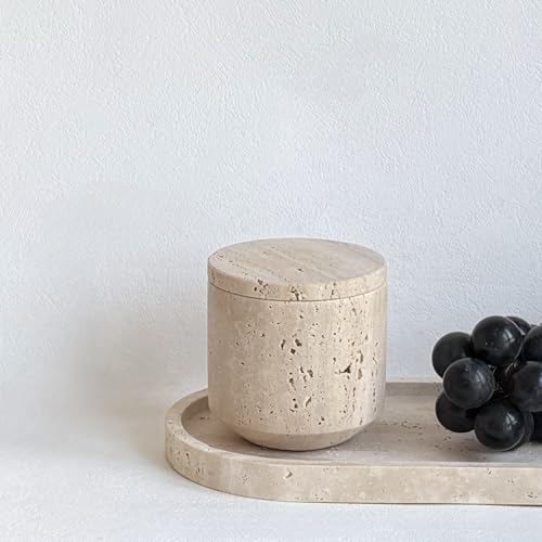 StonePlus Natural Marble Hole Stone Cosmetic Cotton Swab Sundry Small Tank Storage Box Jar with Lid (Yellow Travertine) - Image 4