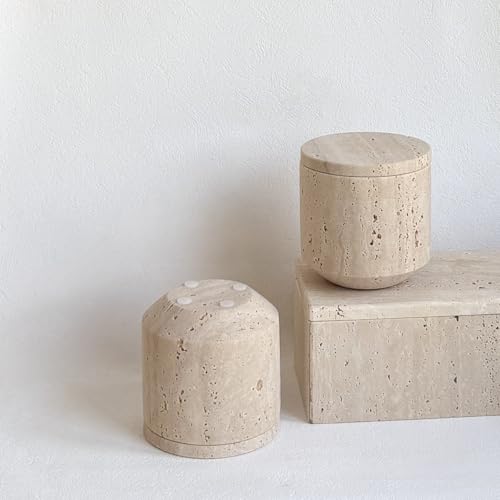 StonePlus Natural Marble Hole Stone Cosmetic Cotton Swab Sundry Small Tank Storage Box Jar with Lid (Yellow Travertine) - Image 2